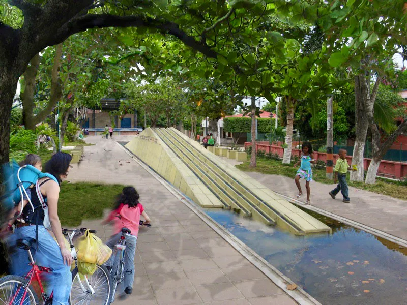 GORA. 
2004. 
Proyecto. 
Aracataca Homenaje a Gabriel Garca Mrquez y Juan Rulfo 	Concreto preteido y 28 hilos de agua. 
200 x 10 m aprox. 