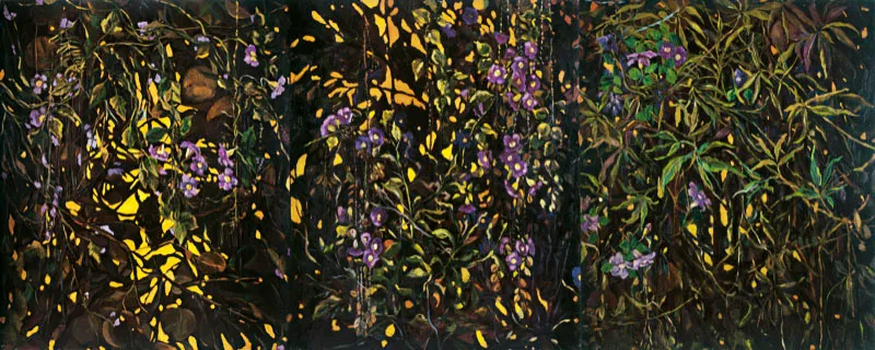 Gloria Díaz / El sol es nuestro / 1984 / Tríptico / Óleo sobre lienzo / 120 x 300 cm Óscar Monsalve