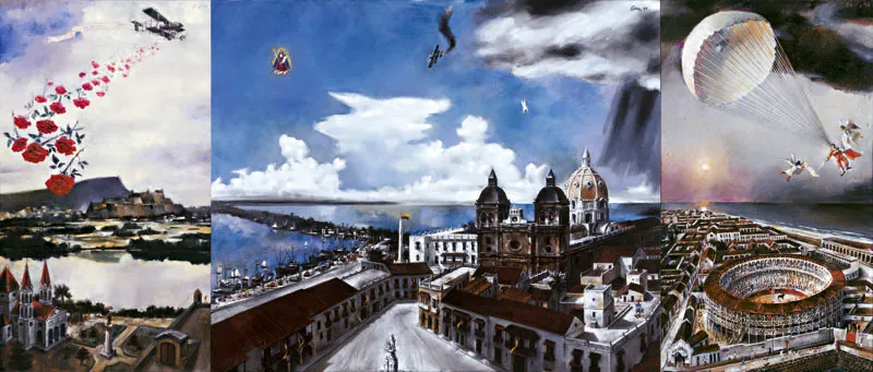 Enrique Grau / Panorámica de cartagena / Viva tulipán primera / 1998 / Sálvame Virgen de la Candelaria / 1991 / La muerte del pinturero / 1996 / Óleo sobre lienzo, tríptico / 139 x 79 cm c/u Óscar Monsalve