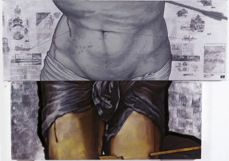 HarrySchuster y Gustavo Zajac / La sentencia con que lo habrían fulminado / 2001 /
Zajac: acrílico, tinta china, crayón sobre tela / 50 x 140 cm
/ Schuster: óleo, y hojilla de plata sobre tela / 50 x 120 cm Óscar Monsalve
