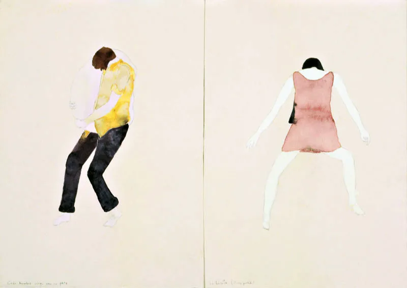 Lucas Ospina / Cada hombre carga con su pena / 2000 / !Libérate! orina parada / 2000 / Dibujo sobre papel / 33 x 24 cm c/u Óscar Monsalve