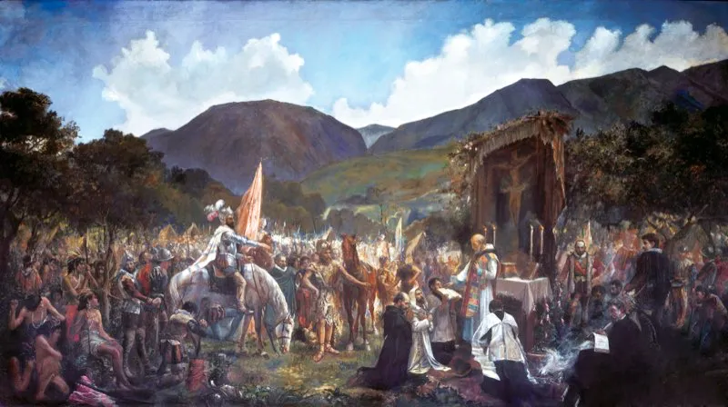 Agosto 6 de 1538. Alegoría de la fundación de Bogotá, con fraternal participación de los habitantes indígenas de la primitiva Bacatá y los conquistadores al mando de Gonzalo Jiménez de Quesada. Celebración de la primera misa. Óleo de Pedro Alcántara Quijano.