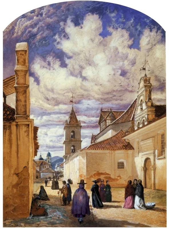 Bogotá en 1846. En primer plano, a la izquierda, capilla del Humilladero, con penitentes. A la derecha, elegantes bogotanas a la moda pasean por la Calle de la Tercera (actual carrera 7.ª entre calles 15 y 17), junto a las iglesias de la Veracruz y San Francisco. De espaldas, mujer del pueblo con atuendo típico. Al fondo, torre y domo de la Catedral. Acuarela sobre papel de Alfred Gustin, 1876. Casa Museo 20 de Julio, Bogotá.