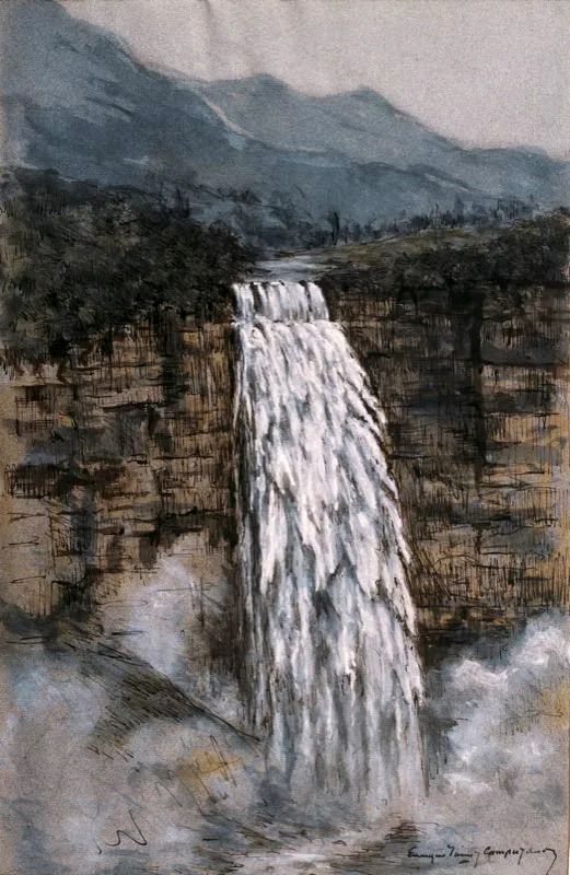 Según la leyenda, en tiempos inmemoriales la sabana de Bogotá era una inmensa laguna, con pequeñas islas habitadas. El dios Bochica prestó oídos a los moradores del lacustre sitio, que le pedían más tierra para su supervivencia, y creó una depresión por la cual se precipitaron las aguas de la sabana, dando origen al Salto de Tequendama. Acuarela de Enrique Gómez Campuzano.