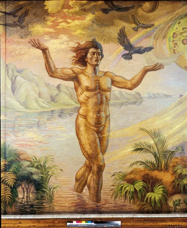 Alegoría sobre la creación del primer indígena, que habría emergido de las aguas, acompañado por las primeras aves, de acuerdo con la interpretación indígena del origen de la vida. Según el profesor Paul Rivet, los primeros moradores de América provinieron de una corriente migratoria iniciada en Asia 37 000 años antes.