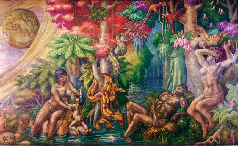 Versión del paraíso terrenal, ubicado en América, donde los humanos conviven en armonía con las aves y la serpiente. Mural de Luis Alberto Acuña, Hotel Intercontinental Tequendama, Bogotá.