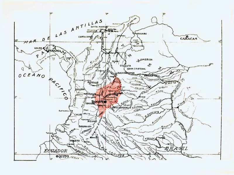 El territorio muisca estaba poblado por unos dos millones de habitantes, divididos en cinco confederaciones independientes, enemigas unas de otras, y subdivididas en tribus. La ms fuerte era la de Bacat, que ocupaba dos quintas partes del territorio chibcha, y que comprenda las tribus de Simijaca, Guachet, Ubat, Chocont, Nemocn, Zipaquir, Guatavita, Suba, Ubaque, Tibacuy, Fusagasug, Pasca, Subachoque, Cqueza, Teusac, Tosca, Guasca y Pacho. La segunda en importancia era la confederacin de Hunza, encarnizada rival de Bacat, y reuna las tribus de Tuta, Motavita, Sora, Ramiriqu, Turmequ, Tiban, Tenza, Garyva, Somondoco y Lenguazaque. La confederacin de Iraca o Sugamuxi, con las tribus de Gmeza, Firavitova, Bubanz, Toca, Pesca, Tobaz. Una confederacin de gran importancia por su alta produccin de alimentos y vestuario era la de Tundama, con las tribus de Onzaga, Chicamocha, Soat, Ocabita, Chitagoto, Ibacuco, Lupachoque, Stiva, Tutas, Cerinza, Susa y Susacn. La quinta era la confederacin del Guanent, conformada por las tribus de Uramata, Sancobeo, Garaota, Cotisco, Siscota, Cacher, Xuaguete, Bocote, Butaregua, Macaregua, Charal, Poima y Prasaque. 