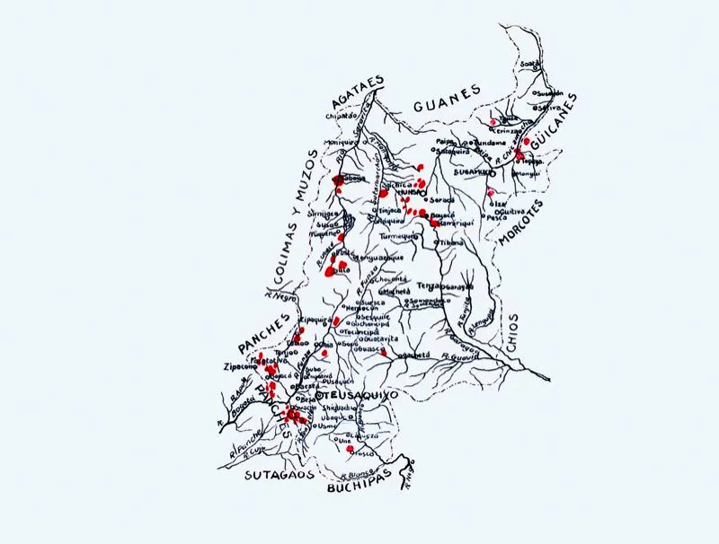 El territorio muisca estaba poblado por unos dos millones de habitantes, divididos en cinco confederaciones independientes, enemigas unas de otras, y subdivididas en tribus. La más fuerte era la de Bacatá, que ocupaba dos quintas partes del territorio chibcha, y que comprendía las tribus de Simijaca, Guachetá, Ubaté, Chocontá, Nemocón, Zipaquirá, Guatavita, Suba, Ubaque, Tibacuy, Fusagasugá, Pasca, Subachoque, Cáqueza, Teusacá, Tosca, Guasca y Pacho. La segunda en importancia era la confederación de Hunza, encarnizada rival de Bacatá, y reunía las tribus de Tuta, Motavita, Sora, Ramiriquí, Turmequé, Tibaná, Tenza, Garyva, Somondoco y Lenguazaque. La confederación de Iraca o Sugamuxi, con las tribus de Gámeza, Firavitova, Bubanzá, Toca, Pesca, Tobazá. Una confederación de gran importancia por su alta producción de alimentos y vestuario era la de Tundama, con las tribus de Onzaga, Chicamocha, Soatá, Ocabita, Chitagoto, Ibacuco, Lupachoque, Sátiva, Tutasá, Cerinza, Susa y Susacón. La quinta era la confederación del Guanentá, conformada por las tribus de Uramata, Sancobeo, Garaota, Cotisco, Siscota, Cacher, Xuaguete, Bocote, Butaregua, Macaregua, Charalá, Poima y Prasaque.