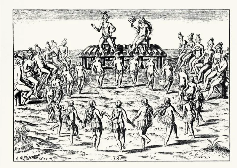 Las ceremonias nupciales entre los muiscas revestían enorme alegría y eran celebradas con danzas y fiestas con las que se quería desear a los contrayentes la mayor felicidad. En el grabado de arriba, la novia enseña el ramo que le ha obsequiado su prometido. Un grupo de muchachas bailan en círculo y el novio expresa su agradecimiento.