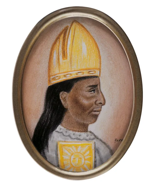 Sugamuxi reinaba en Sogamoso a la llegada de los españoles. Les opuso enconada resistencia y los españoles, en represalia, quemaron el Templo del Sol y devastaron los dominios de Sugamuxi. Miniatura de Manuel J. Paredes, Biblioteca Luis Ángel Arango, Bogotá.