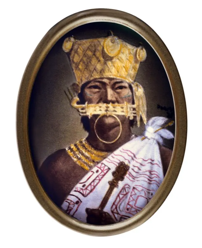 Tisquesusa, el tercero de los zipas documentados (ca. 1510-1537), murió en los primeros encuentros con los españoles de Jiménez de Quesada. Miniaturas de Manuel J. Paredes, Biblioteca Luis Ángel Arango, Bogotá.