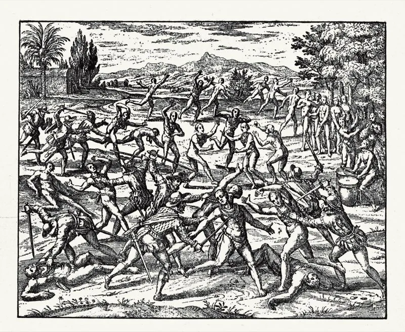 Masacre de indios en las afueras de Hunza, por los hombres de Gonzalo Suárez Rendón. Mientras unos indígenas emprenden la fuga, y otros observan paralizados la carnicería, hay uno que hace desesperados toques de tambor en demanda de ayuda. Grabado de Théodore de Bry. Edición del siglo xvii. Biblioteca Nacional, Bogotá.