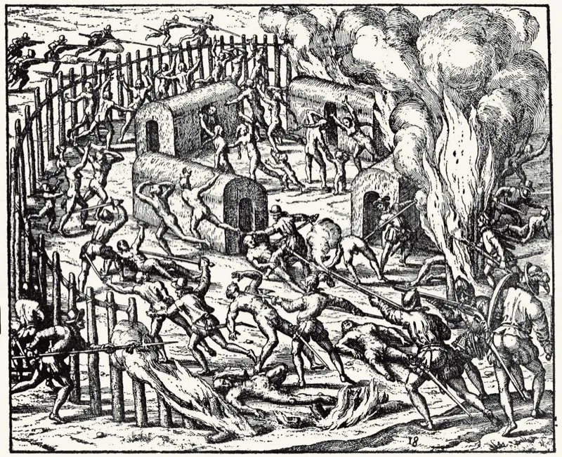 Mediados del siglo xvi, se registra el asalto final al cercado del zipa en Bacatá, y su destrucción, seguida de la captura de Sagipa, quien fue torturado por Jiménez de Quesada para que revelara el lugar donde tenía escondido el tesoro de los muiscas. Grabado de Théodore de Bry. Edición del siglo xvii. Biblioteca Nacional, Bogotá.