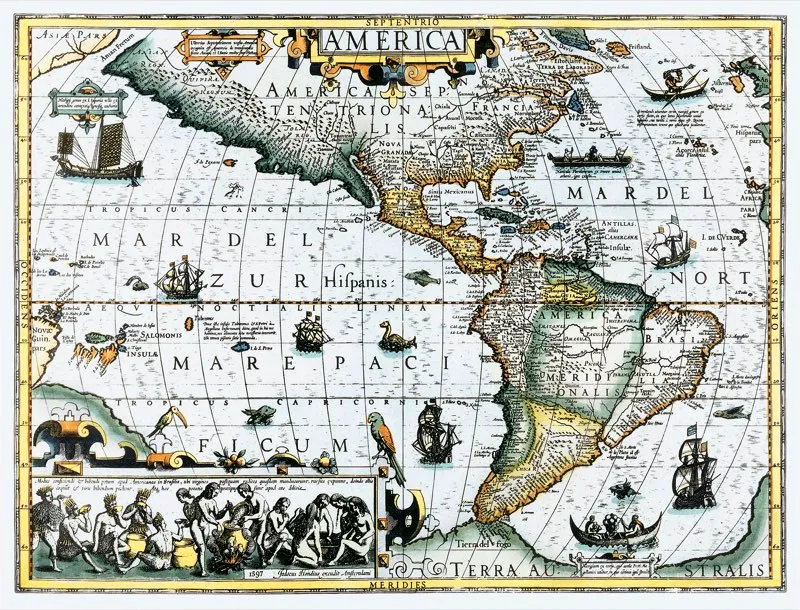 Jodocus Hondius, Gerardi Mercaturis Atlas. América pintoresca en el siglo xvi. 1606, Ámsterdam.