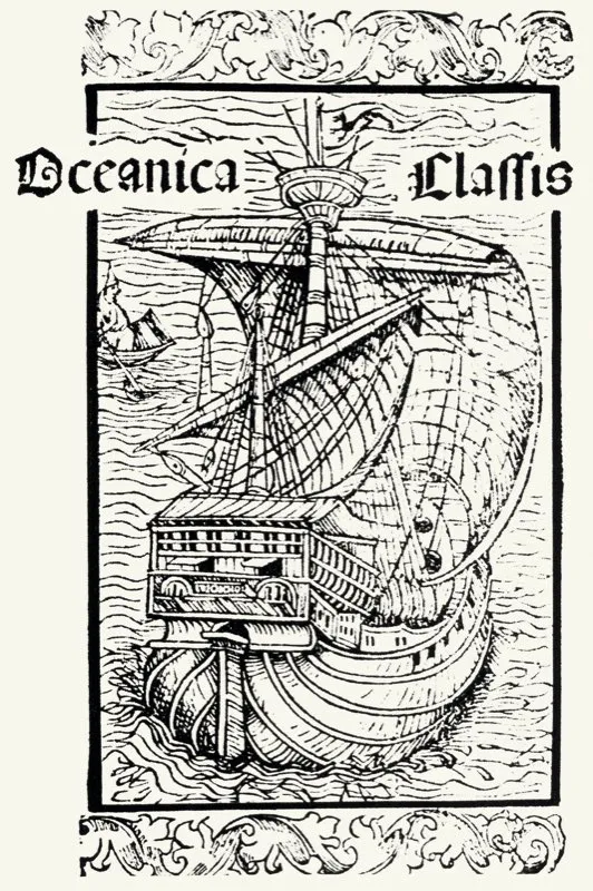 Despus del descubrimiento, el podero del Imperio espaol se bas en su dominio de los mares, lo que a su vez dio lugar a la construccin de grandes navos mercantes y de guerra que cruzaban de continuo la mar ocano. En lo alto del mstil del barco del grabado ondea un bandern con el smbolo de los reinos de Castilla y de Len. Xilografa del siglo xv ejecutada en Basilea e incluida por Coln en  su carta a los Reyes Catlicos. 