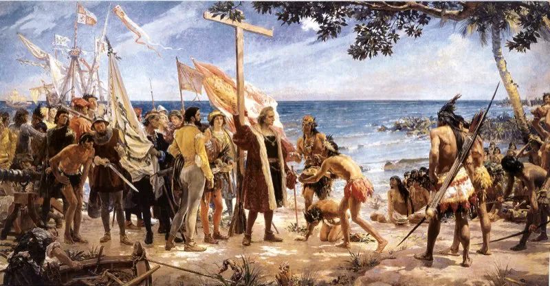 Coln desembarc en Guanahan, descendi a tierra acompaado por el notario real, el capelln y los oficiales, se arrodill, dio gracias a Dios y con la debida pompa tom posesin de la isla en nombre de los Reyes Catlicos. Grupos de indgenas tainos contemplaban a los recin llegados. Coln escribi en su diario: Son tan ingenuos y tan generosos con lo que tienen que nadie lo creera de no haberlo visto. Si alguien se antoja de algo de lo que poseen, nunca lo niegan; al contrario, invitan a compartirlo y demuestran tanto cario como si en ello les fuera el alma. leo de Jos Garnelo y Alda, 1892, Museo Naval de Madrid. 