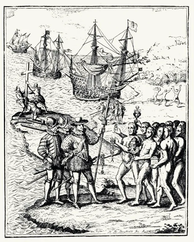 Grabado de Thodore de Bry, edicin del siglo xvii, que representa el desembarco de Coln en La Espaola (Santo Domingo), el 6 de diciembre de 1492. Tambin all fue recibido con cordialidad por los naturales, con quienes intercambi obsequios. Biblioteca Nacional, Bogot. 