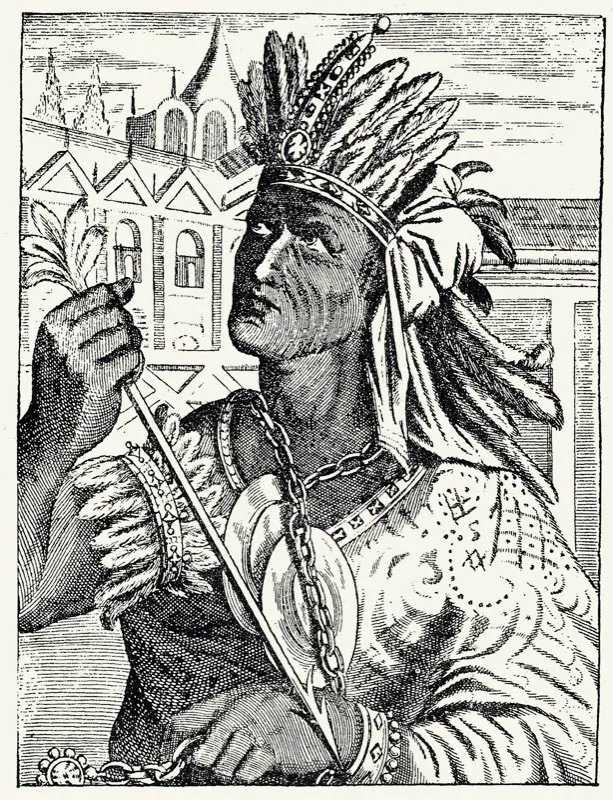 Atahualpa, soberano de los incas, no fue menos infortunado que el azteca Moctezuma. Capturado  por los espaoles en Cajamarca (1532), Atahualpa tuvo que pagar su rescate con elevadas cantidades de oro y plata. Pizarro, convencido de que Atahualpa y sus hombres conspiraban, dio orden de estrangularlo en 1533. 