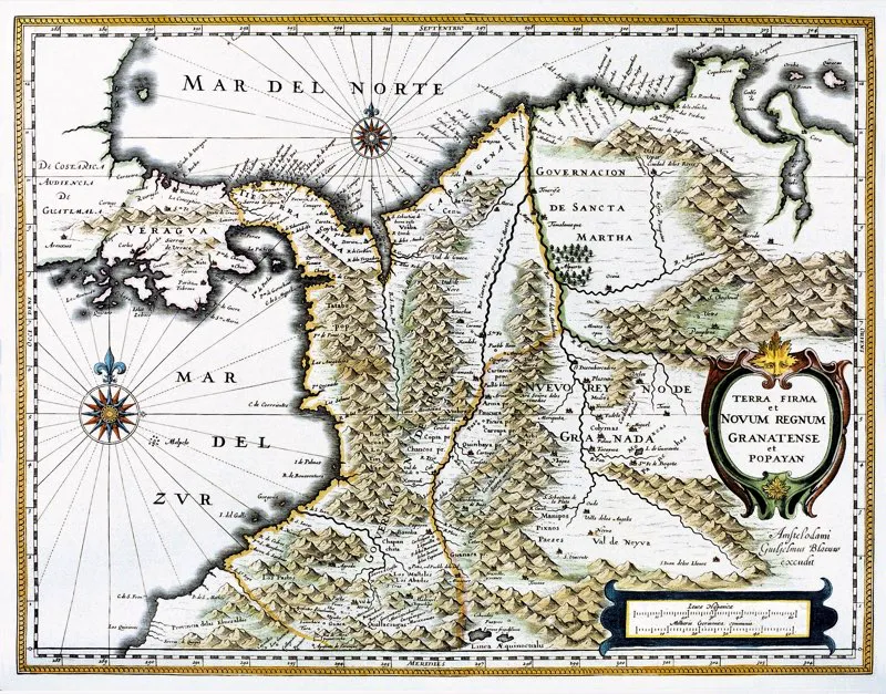 Mapa descriptivo de tierra firme en el Nuevo Reino de Granada y la Gobernacin de Popayn, incluido el Valle de Neiva, hecho por Willem Janszoon Blaeu y publicado en Thtre du monde, msterdam, 1638. 