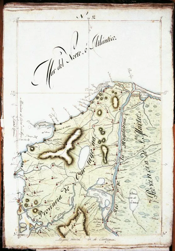 El ro Magdalena fue la va de penetracin de la expedicin de Quesada. La creencia de que el ro Magdalena los conducira directamente al Per, motiv en un principio la empresa conquistadora de Jimnez  de Quesada. Este mapa y el de la pgina siguiente fueron trazados por el sabio Francisco Jos de Caldas botnico, astrnomo, ingeniero militar y gegrafo entre 1802 y 1806, durante el recorrido que efectu por esas regiones, sobre las que escribi varios ensayos en el Semanario del Nuevo Reino de Granada. Archivo Restrepo, Bogot. 