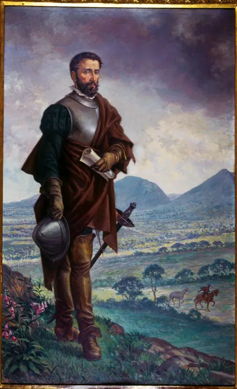 Gonzalo Jimnez de Quesada, conquistador del Nuevo Reino de Granada, y fundador de la ciudad de Santaf de Bogot, capital de ese Nuevo Reino, naci en Granada, Espaa, en 1509, y muri en Mariquita, Tolima, el 16 de febrero de 1579. leo de Pedro A. Quijano (detalle). Alcalda Mayor de Bogot. 