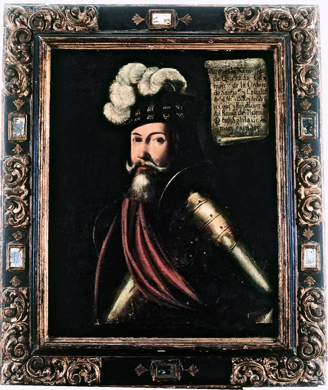 Retrato al leo de Gonzalo Jimnez de Quesada, posiblemente de mediados del siglo xvii. En la leyenda se expresa que es comandante de la Orden de Santiago y Caballero de Su Majestad. Museo Nacional, Bogot. 