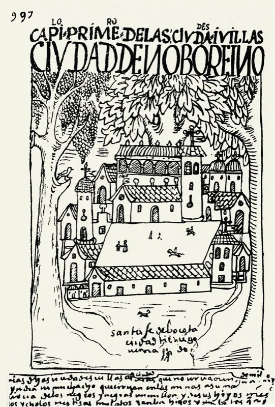 Vieta del siglo xvii de Felipe Guamn Poma de Ayala, que muestra el entorno arquitectnico de la Plaza Mayor de Santaf de Bogot. Se ve la ruta hacia San Victorino, que era la entrada o la salida de la ciudad por occidente, por donde los viajeros partan rumbo a Honda, el ms importante puerto fluvial sobre el Magdalena durante la Colonia y el siglo xix. 