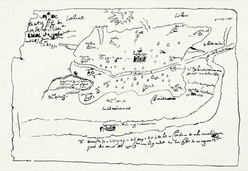 Primer plano de Santaf de Bogot y su provincia, levantado en el ao de 1584 por Diego de Torres y Moyachoque, quien viaj a Espaa a reclamar sus derechos ante Felipe II. El mapa formaba parte de su alegato jurdico. 