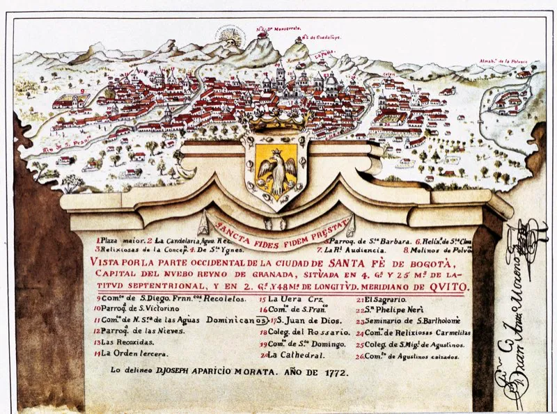 Santaf de Bogot, 1772. De sur a norte, al oriente: fbrica de plvora y barrios Santa Brbara y Beln. Al occidente: iglesia y convento de San Agustn, batalln auxiliar, ro San Agustn, Colegio San Bartolom, iglesia de San Ignacio, capilla del Sagrario, Catedral, Plaza Mayor, Santo Domingo, Colegio del Rosario, Hospital San Juan de Dios, iglesia La Candelaria; barrios de La Catedral, San Jorge, El Prncipe. Suroriente: iglesias de Nuestra Seora de la Pea, Guadalupe y Monserrate, ro San Francisco, iglesia de San Francisco, iglesia y parroquia de Las Aguas, iglesia de la Veracruz, barrios Las Nieves y San Victorino, iglesia de San Diego. 