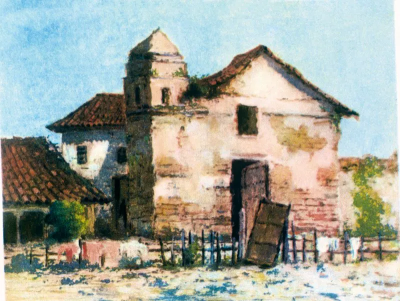 Capilla de Nuestra Señora del Carmen en la esquina de los Tres Puentes. La iglesia se edificó en el siglo xvii. Óleos de Luis Núñez Borda.