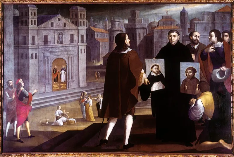 El gran pintor colonial Gregorio Vásquez realizaba buena parte de sus obras por encargos de las comunidades religiosas de Santafé. La escena representa el momento en que el artista entrega dos de sus cuadros a los padres agustinos. Óleo de Gregorio Vásquez. Museo de Arte Colonial, Bogotá.