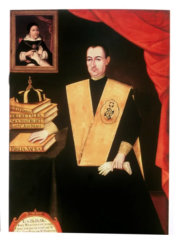 Miguel Masústegui y Calzada, Dignidad Maestre Escuela de la Santa Iglesia Catedral Metropolitana de Santafé, delicado escritor y ensayista. El doctor Masústegui y Calzada fue también rector de El Rosario en cuatro oportunidades: 1745, 1763-1766, 1769-1773, 1778-1778. Óleo de autor desconocido. Colegio del Rosario, Bogotá.