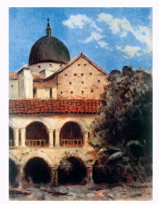 Patio del convento de los franciscanos en la época colonial. El convento fue sede de la Gobernación de Cundinamarca desde 1823 hasta 1917, en que se demolió la edificación colonial para dar paso al Palacio de la Gobernación.