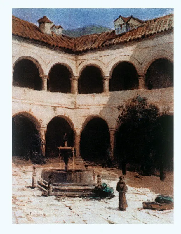 Patio del convento de Santo Domingo, quizá la edificación colonial de arquitectura más elaborada y cuidadosa. A partir de 1823 se convirtió en la sede del Congreso Nacional, hasta 1890 en que las cámaras legislativas se mudaron al Capitolio Nacional. Entonces el convento de Santo Domingo fue adecuado como Edificio de los Correos, papel que desempeñó hasta 1938, año en que, en medio de grandes protestas, fue demolido. Su lugar lo ocupó el actual edificio Murillo Toro. Óleos de Luis Núñez Borda.