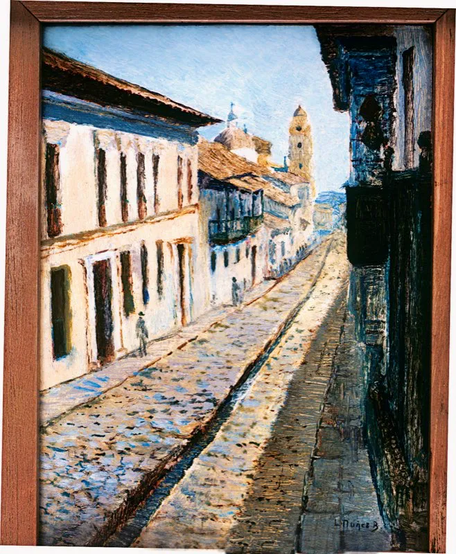 Calle 11. El caño y la pendiente, dos elementos esenciales para el desagüe y la limpieza de la Bogotá colonial. Óleo de Luis Núñez Borda.