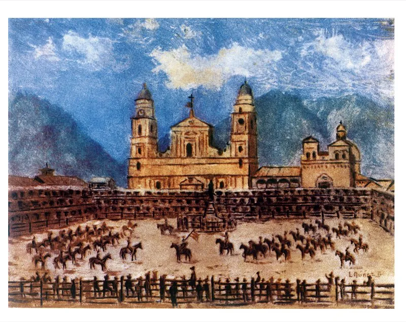 Parada militar en la Plaza de Bolívar hacia 1880. Aquí se celebraban además, corridas de toros, el mercado dominical y las principales manifestaciones políticas y religiosas. Óleo de Luis Núñez Borda.