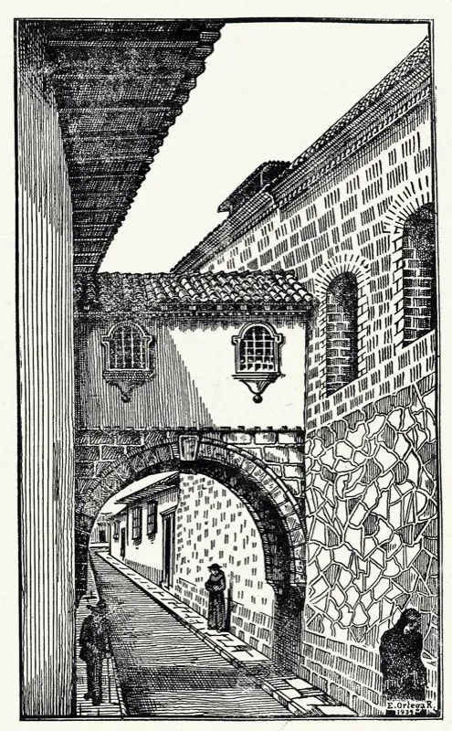 A principios del siglo xvii el convento de San Francisco quedó conectado a la iglesia de la Tercera por un arco de ingeniosa elaboración arquitectónica, lo que le dio a la vía el nombre de Calle del Arco (calle 16). El arco fue demolido en 1863. Plumilla de E. Ortega.