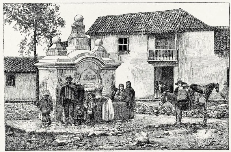 En todas las plazas de la ciudad se construyeron fuentes, como la de la ilustración, que corresponde a la plaza de Las Nieves. Allí se congregaban criados y aguateros para recoger el agua con destino a las casas. En la casa de balcón, atrás de la pila, funcionó hacia 1550 el primer concejo o cabildo de Bogotá. La Plaza de Las Nieves queda en el sector occidental del barrio de Las Nieves, que por disposición del virrey Manuel Guirior se había dividido en barrio occidental y barrio oriental de Las Nieves. Fue en la época colonial el sector más poblado de Santafé, y abarcaba desde la actual calle 16 hasta la calle 24, y desde la carrera 4.ª hasta la carrera 8.ª. Según Moisés de la Rosa, en su libro Calles de Bogotá, “los dos barrios de la parroquia de Las Nieves fueron el sector de la antigua Santafé que mejor expresó en los nombres de sus calles ese sentimiento poético propio de las fantasías populares”. Los nombres de sus calles “forman un conjunto pintoresco y encantador con su sola enunciación, como son los de las Calles del Suspiro, del Amor, del Despeño, del Calabazal, del Silencio, del Descuido, de las Guacamayas, del Pecado Mortal y tantos más”. Grabado de Barreto sobre una fotografía de Racines. Papel Periódico Ilustrado, Bogotá, 1884.