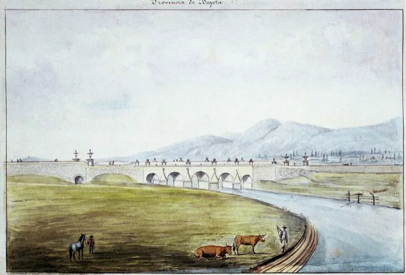 Construido en 1766, el Puente del Comn, sobre el ro Bogot, fue esencial para el desarrollo del comercio entre las poblaciones del norte de la sabana. En 1781 un destacamento de los Comuneros infligi all una humillante derrota a las tropas enviadas desde Santaf para sofocar la rebelin. Sirvi para el trnsito automotor hasta 1956, cuando fue puesto fuera de servicio y declarado monumento histrico nacional. Acuarela de Manuel Mara Paz. Biblioteca Nacional, Bogot. 