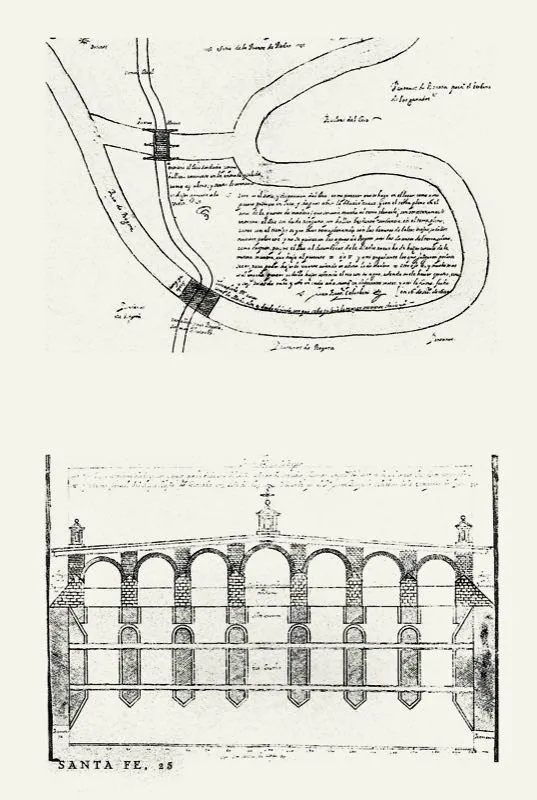 El primer puente de cal y canto que se construyó sobre el río Bogotá fue el Puente Grande, el cual se levantó según los planos del arquitecto jesuita Juan Bautista Coluchini, en 1665. Aquí podemos apreciar los diseños originales de la obra, que reposan en el Archivo General de Indias.
