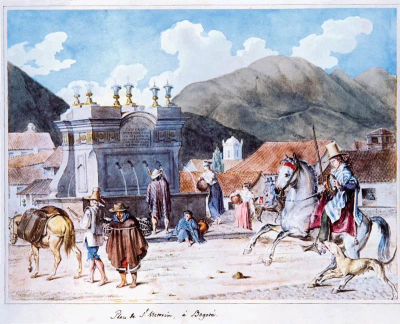 Aunque el agua no llegaba directo a las casas, Santafé tuvo durante la Colonia una provisión abundante. La ciudad tenía 35 fuentes públicas: chorro de María Teresa, chorro de la Mana de Zabaleta, chorro de Belén, chorro de San Agustín, chorro de los Soldados, chorro de Los Ciriales, chorro del Fiscal, fuente del Observatorio, chorro de La Sal, chorro de las Botellas, chorro del Carmen, chorro de Celedonio, pila de San Carlos o Mono de la Pila —era la más grande de Santafé y hoy se conserva en el Museo de Arte Colonial. Chorritos de Santa Inés, chorro de Egipto, cajita de La Candelaria, chorro de La Enseñanza, chorro de Quevedo, chorritos del Rodadero, chorro de Santo Domingo, pileta de San Victorino —inaugurada en 1803 y desmontada en 1910 para el centenario de la independencia, cuando en su lugar se colocó la estatua de don Antonio Nariño, y pila de Las Nieves. Las restantes eran fuentes de un solo chorro, que cubrían el resto de la ciudad. Pila de San Victorino. Acuarela de Edward Walhouse Mark. Biblioteca Luis Ángel Arango.