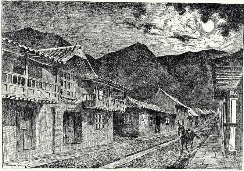Una de las leyendas más famosas de la Santafé colonial es la de “la mula herrada”, espanto nocturno que recorría las calles haciendo levantar chispas sobre el empedrado, con gran estridencia, que perturbaba el sueño de los habitantes y llenaba de terror a los niños. Plumilla de Enrique Gómez Campuzano.