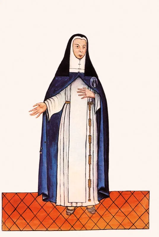 En la Santafé colonial, llena de iglesias y devotos, la presencia de las religiosas tuvo siempre un significado amable de caridad y sacrificio por el bienestar del prójimo. En Santafé las religiosas clarisas atendían a los enfermos de San Juan de Dios y ayudaban a los menesterosos. Acuarela para Baltasar Jaime Martínez Compañón, Trujillo del Perú. ca. 1790. Biblioteca Nacional, Bogotá.