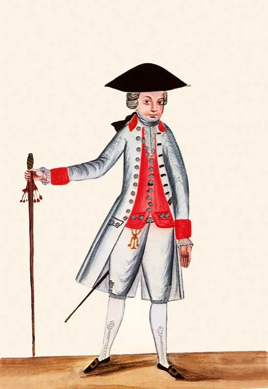La principal guarnición de Santafé era el Batallón Auxiliar, que tenía su cuartel junto al convento de San Agustín. Este batallón era lo que hoy se llamaría un cuerpo élite, entrenado para enfrentar situaciones que pusieran en peligro el orden público o la estabilidad de las autoridades coloniales. Acuarela para Baltasar Jaime Martínez Compañón, Trujillo del Perú. ca. 1790. Biblioteca Nacional, Bogotá.