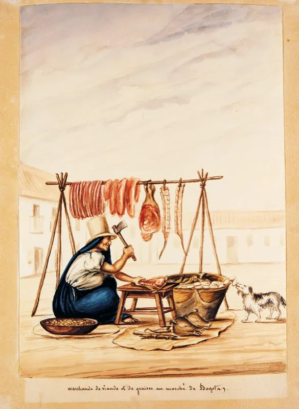 Tradicional fritanguería santafereña, en la que nunca faltaba el perro guardián que aprovechaba un descuido de la fritanguera. Auguste Le Moyne y José Manuel Groot, Vendedora de carne y de grasa en el mercado de Bogotá, ca. 1835. Acuarela sobre papel. Colección del Museo Nacional de Colombia.