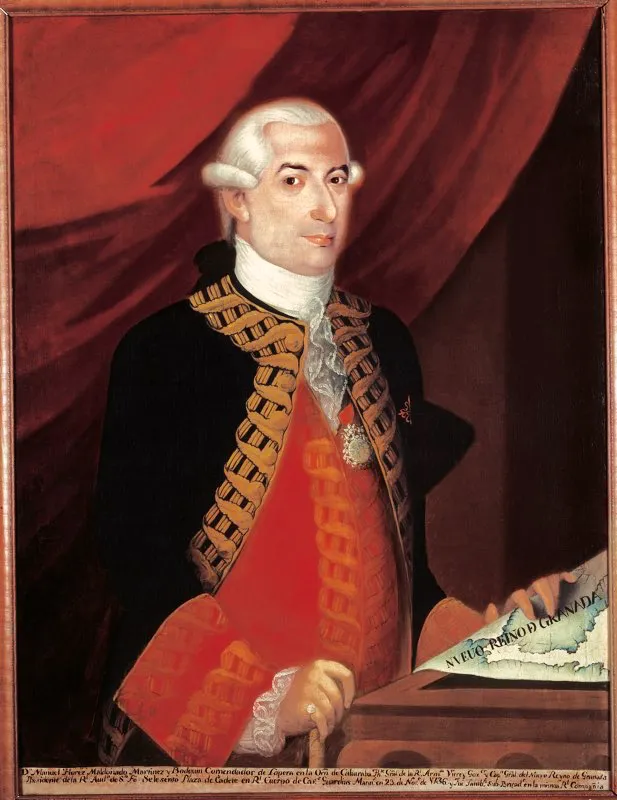Manuel Antonio Flórez Maldonado Martínez y Bodquín, virrey del Nuevo Reino de Granada entre 1776 y 1782. Le correspondió enfrentar la rebelión de los Comuneros, que lo obligó a huir de Santafé y a establecerse en Cartagena los últimos dos años de su gestión. Propició obras notables de progreso como la Real Biblioteca (hoy Biblioteca Nacional) y la Imprenta Real, así como reformas educativas, construcción de numerosas vías y caminos, y mejoras en la salud pública. Óleo de Joaquín Gutiérrez. Museo de Arte Colonial, Bogotá.