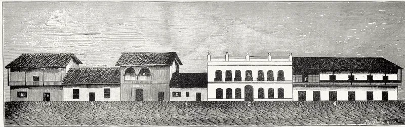 Vista de la parte occidental de la Plaza Mayor a fines del siglo xviii, en la cual aparecen, de izquierda a derecha, la cárcel Chiquita (1), el despacho de los alcaldes (2), las oficinas del Cabildo (3), el despacho de los escribanos (4), el despacho de los virreyes (5) y la última sede virreinal (6). Grabado de Joaquín Franco y Eleázar Vanegas hecho sobre un dibujo de Ramón Torres Méndez. Papel Periódico Ilustrado, Bogotá, 1884.