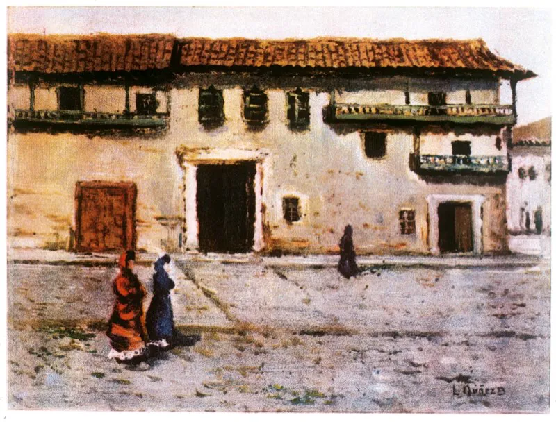 La Real Audiencia de Santafé, instituida en 1550, era la suprema administradora de justicia en la capital y en todo el Nuevo Reino. Estaba integrada por cinco magistrados, denominados oidores, que ejercían un poder omnímodo y juzgaban de todos los asuntos civiles y criminales. La casa de la Real Audiencia, construida a finales del siglo xvi, quedaba en el costado sur de la Plaza Mayor. Óleo de Luis Núñez Borda.
