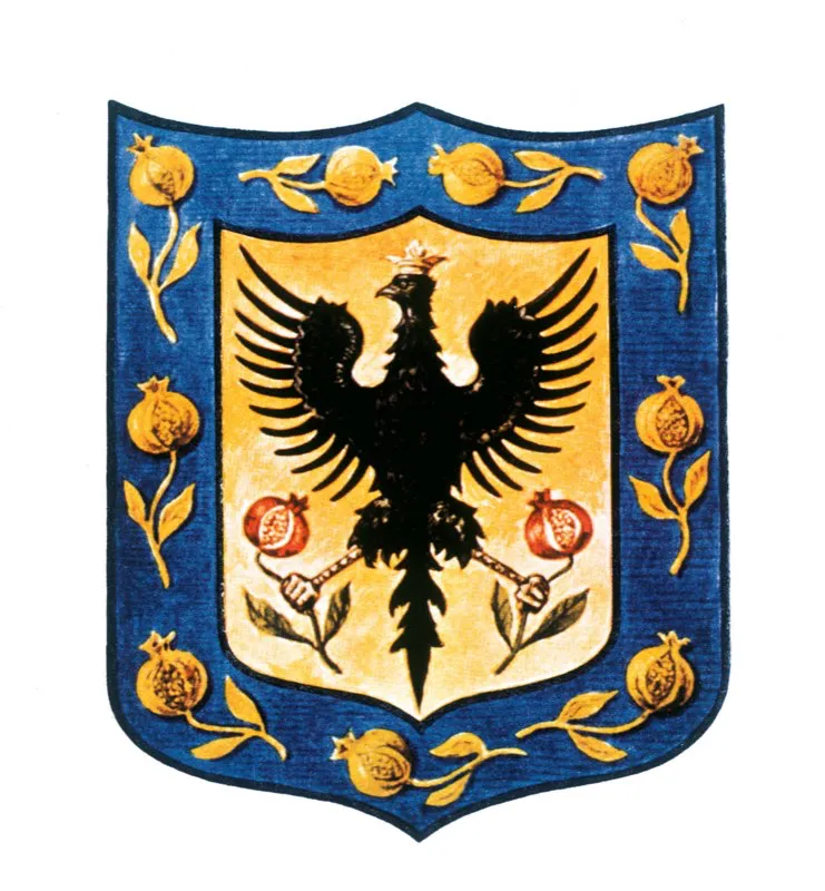 El escudo de armas y blasón tuvo como figura principal un águila negra “rampante y coronada, en campo de oro, con una granada abierta en cada garra y por orla algunos ramos de oro en campo azul”, por lo cual nuestra capital se conoce como “la ciudad del águila negra”. El diseño original del escudo, expedido por cédula de Carlos V el 27 de julio de 1540, desapareció en el incendio de Las Galerías en 1900.