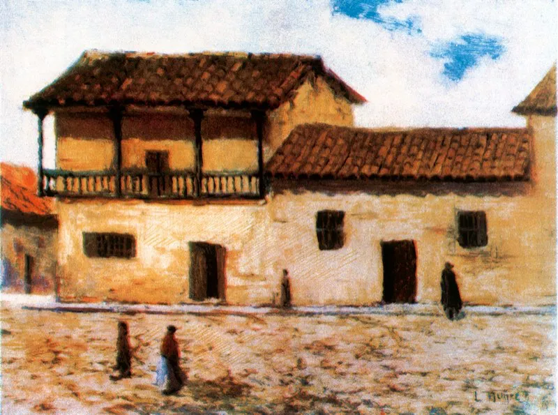Casa Consistorial y cárcel Chiquita, en el costado occidental de la Plaza Mayor, en 1790. Óleo de Luis Núñez Borda.